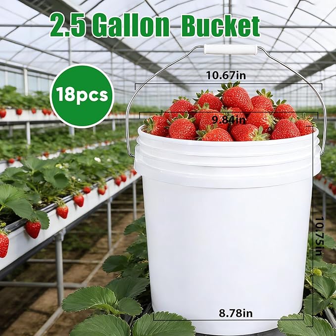 18-Pack 2.5 Gallon Plastic Bucket with Handle – White Heavy-Duty Food Grade Water Storage Buckets for Cleaning, Paint, Ice, Halloween & More