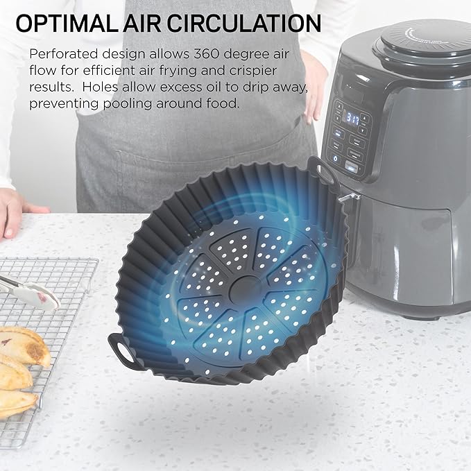 2 Pack Silicone Round Air Fryer Basket Liner Tray With Handles & Holes, 360° Circulation, Washable, Food Safe, BPA Free, Replace Parchment Paper, Easy Cleaning (Gray & Yellow, >6.8QT)