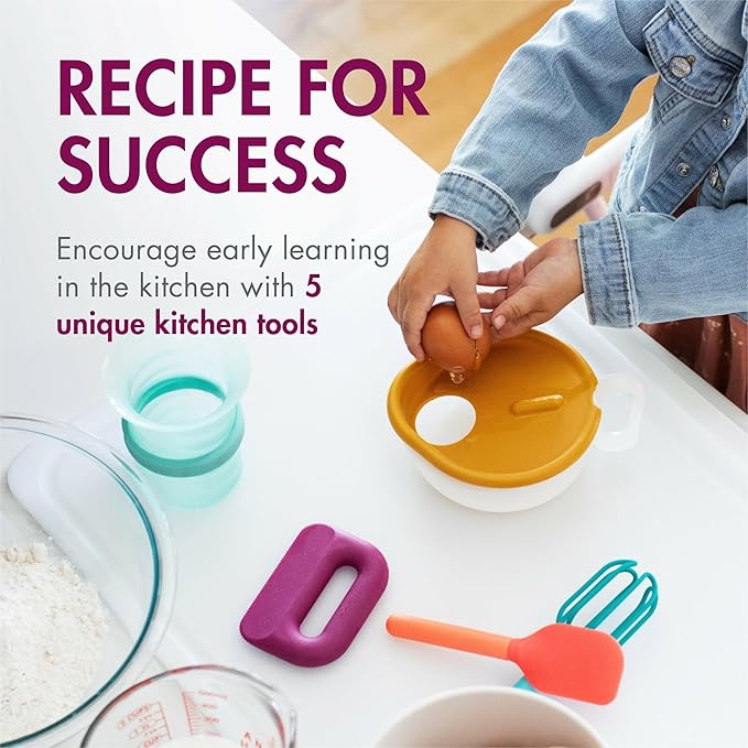 Boon Intro Toddler Food Prep Set - Kids' Kitchen Tools - 5 Unique Toddler Kitchen Accessories Includes Spatula, Egg Cracker, Chopper, Measuring Cup, Bowl - Ages 3+ Years