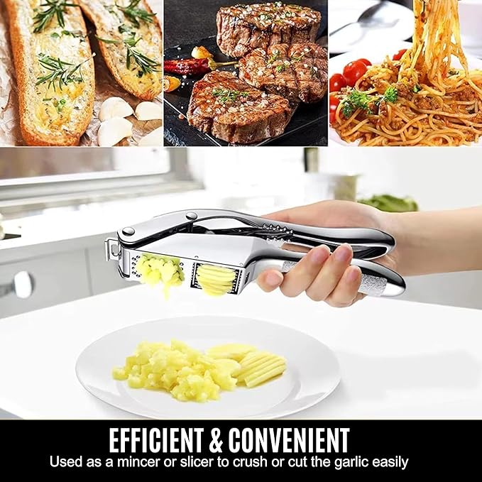 Garlic Press Stainless Steel, Heavy Duty Garlic Crusher & Mincer, Easy Squeeze Ergonomic Handle, Dishwasher Safe, Includes Peeler & Brush, 3-in-1 Set