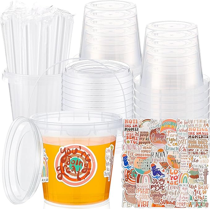Funnymoom 30 Set 24 oz Clear Drink Buckets Cups with Lids & Straws Boho Disposable Plastic Rum Cocktail Pails Bulk with Handles & Stickers for Adults Bachelorette Graduation Tailgate Party Supplies