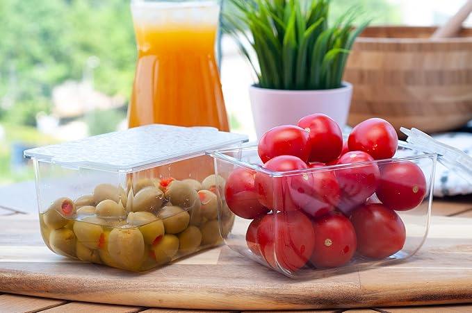 Pikanty Small Refrigerator Organizer Bins with Lids, Set of 2 - Clear Plastic Fridge Storage Containers for Condiments, Yogurt, Snacks, Cheese, Leftovers, Stackable, Dishwasher Safe, Made in USA
