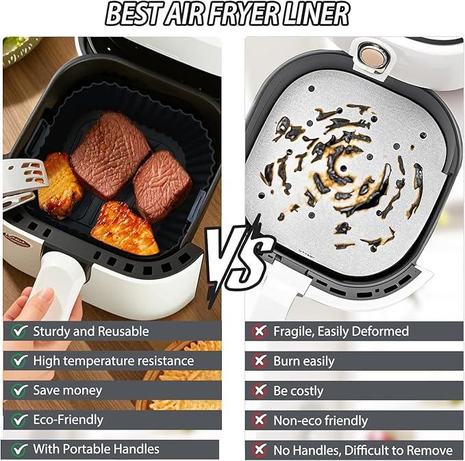 Komzon Silicone Air Fryer Liners Reusable 3 PCS, Airfryer Liners, Silicone Air Fryer Basket Liners Square, Food Grade AirFryer Accessories 4-7 QT, Ktchen Gadgets for Pot Oven Liner Baking Tray Pan