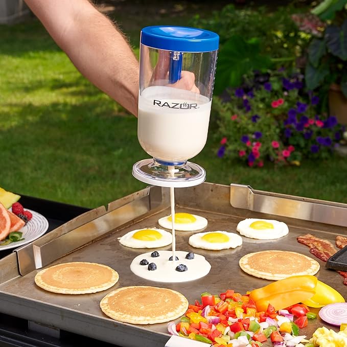 RAZOR 4 Piece Breakfast Kit for Griddle- Pancake Batter Dispenser, 2 Silicone Egg Rings, and Cast Iron Griddle Press