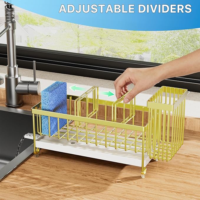 Cisily Sponge Holder for Kitchen Sink, Sink Caddy Organizer with High Brush Holder, Kitchen Countertop Organizers and Storage Essentials, Rustproof 304 Stainless Steel (Gold, 9.25″)