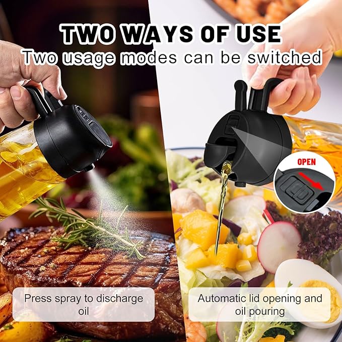 2 In 1 Oil Dispenser And Oil Sprayer, 16 Oz/470 Ml Oil Dispenser For Kitchen Spray, With Fine Mist Nozzle, Suitable For Cooking, Air Fryer, Salad, Grilling(black)