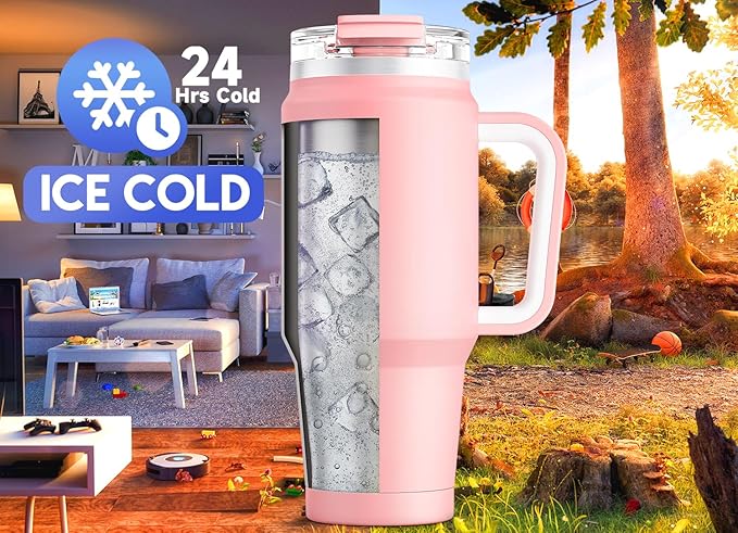 Meoky 32 oz Tumbler with Handle, Insulated Tumbler with Lid and Straw, Stainless Steel Travel Mug, Keeps Cold for 24 Hours, 100% Leak Proof, Fits in Car Cup Holder (Blush)