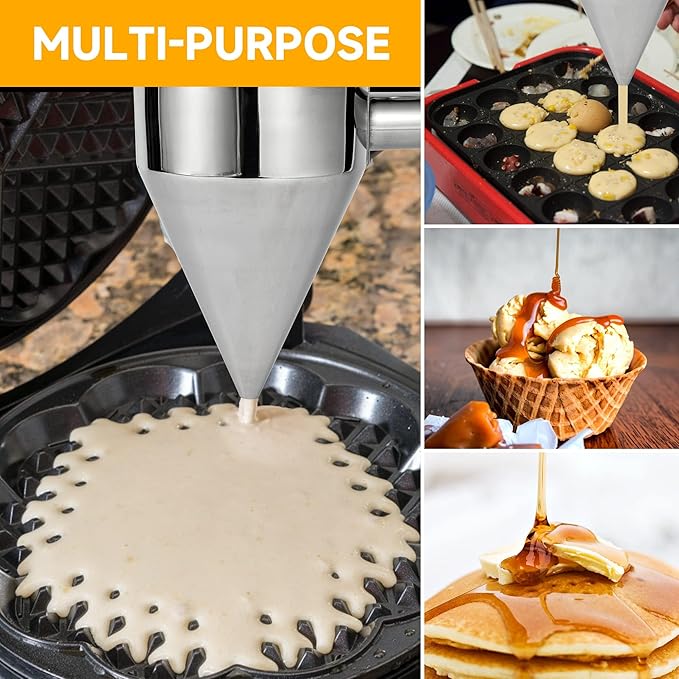 Stainless Steel Pancake Batter Dispenser with Squeeze Handle, Multi-Nozzle Funnel Cake Stand for Pancakes, Cupcakes, Takoyaki, Chocolate Balls, and Baked Goods, Multi-Caliber Design (1200 ml)