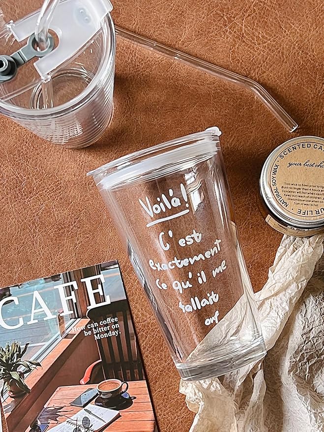 Olvini 15oz Glass Tumbler with Straw and Lid, Cute Iced Coffee Cups, Aesthetic Glass Cups, Coffee Tumbler, Water Cup, Matcha Cup, Drinking Glasses (The Perfect Match)