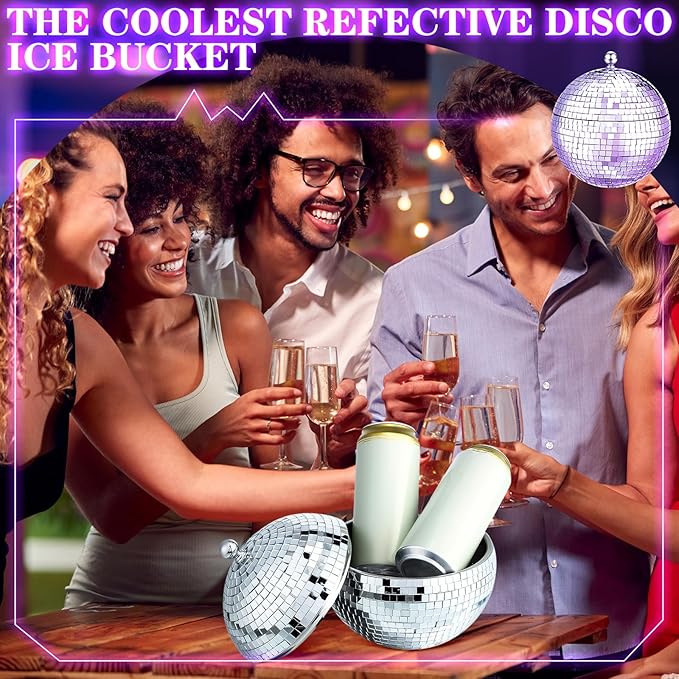 Hoolerry 2L Disco Ball Ice Bucket for Cocktail Bar Retro 70s Barware Mirror Silver Disco Beverage Vase Bowl Drink Barrel Double Stainless Steel Bachelorette Party Gift Supplies