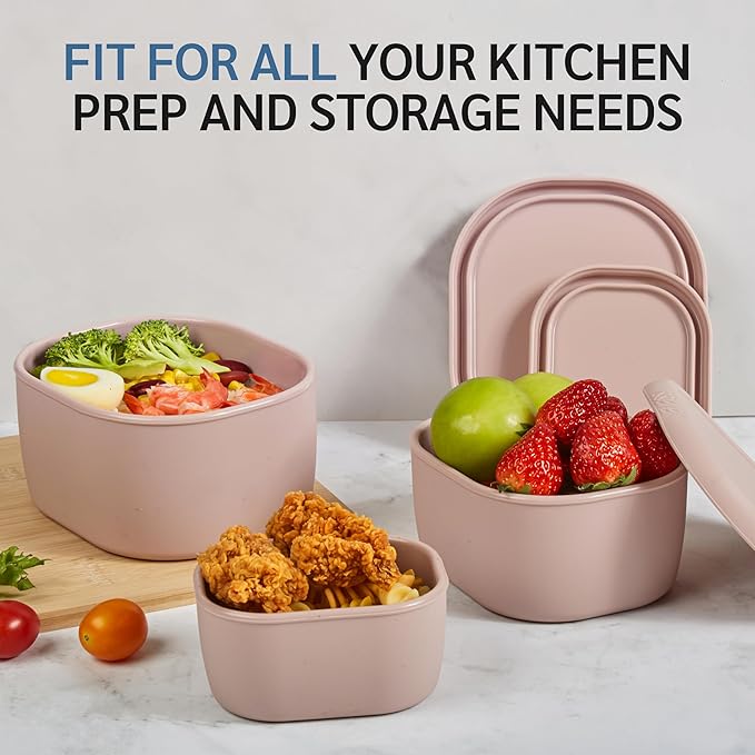 ISSEVE 6Pcs/Set Nesting Silicone Food Storage Containers with Lids, BPA Free Reusable Meal Prep Silicone Containers Lunch Box Bento Box Set (33.8oz, 20oz, 10oz, 6.7oz, 1.3oz) (Pink)