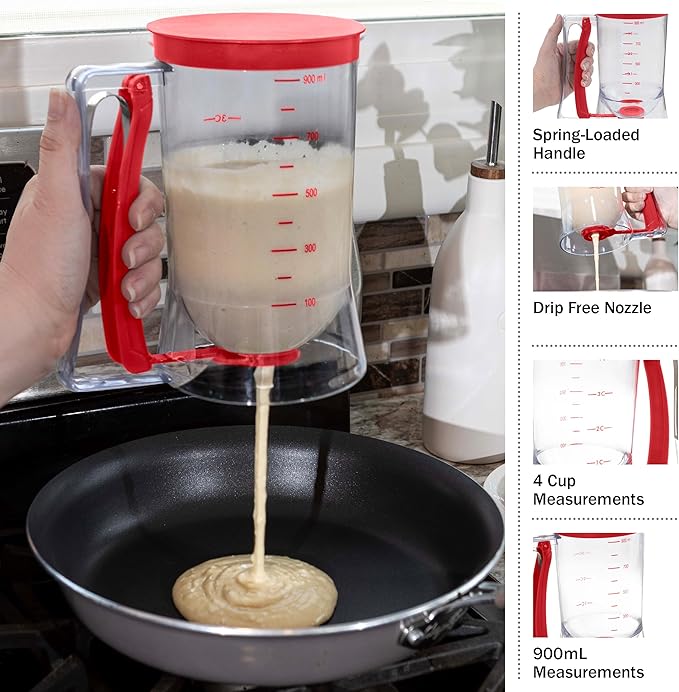 Pancake Batter Dispenser - 4-Cup Batter Dispenser with Squeeze Handle for Pancakes, Waffles, Muffins, and Crepes - Baking Tools (Red)
