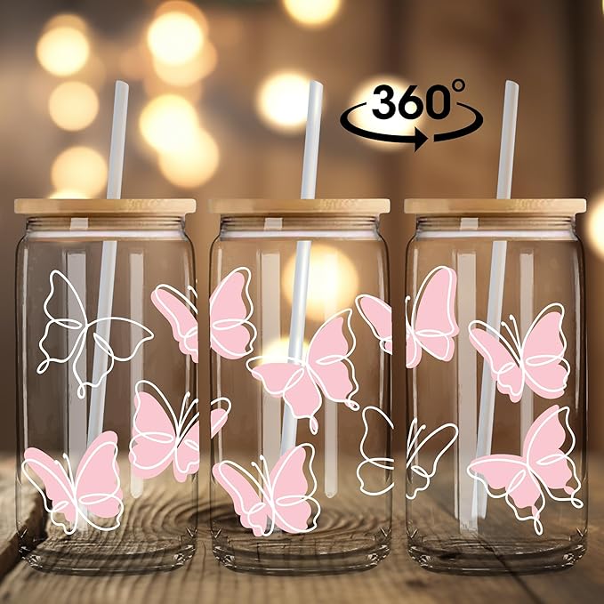 BIPEDS Butterfly Gifts for Women, Pink Cute Glass Cups with Lids and Straws, Aesthetic Iced Coffee Cup, Girly Preppy Design Tumbler Mug, Birthday Valentines Christmas, Teen Girl Gifts Trendy Stuff