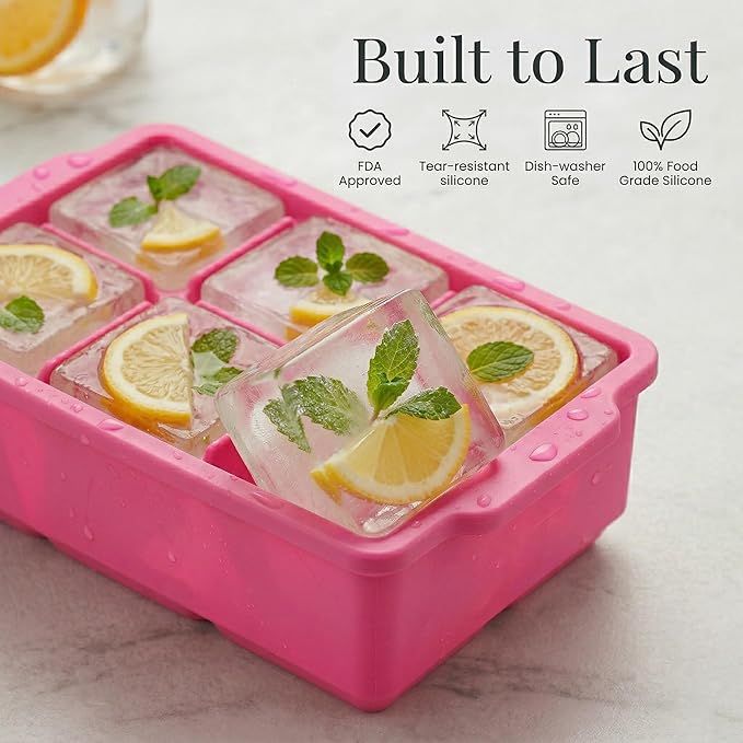 KitchFort Large Silicone Ice Cube Tray (3-Pack), Easy Release 2" Big Ice Cubes - Cocktail, Whiskey Ice Cubes Mold - Ice Trays for Freezer with Lid - Stackable Silicone Ice Tray - Pink