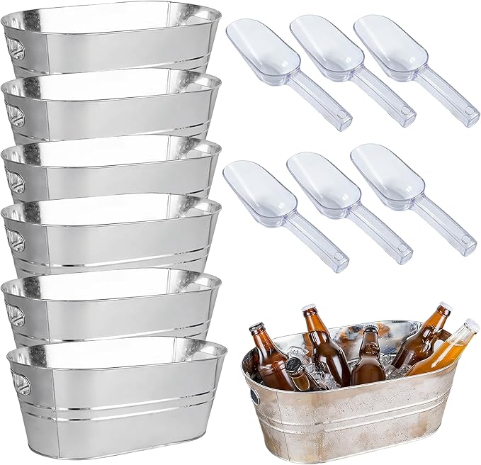 6-Piece Ice Bucket Set with Plastic Scoops | Leak-Proof Large Ice Buckets for Parties, Bars, Outdoor Events | Chilling Containers for Wine, Champagne, Beer (Stainless Steel, Silver)