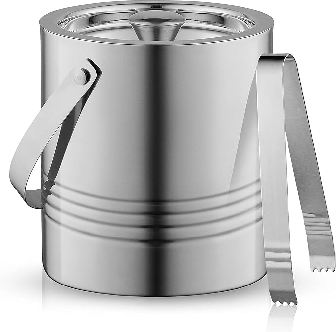 Ice Bucket with Lid, Scoop, Tongs and Strainer - Well Made Insulated Stainless Steel Keep Ice Frozen Longer - Ideal for Cocktail Bar, Parties, Chilling Wine, Champagne - 3 Liter (Stainless Steel)