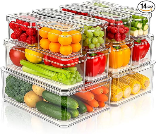 14 Pack Fridge Organizer Storage Bins Set, Clear Stackable Food Storage Containers with Lids BPA-Free for Refrigerator, Freezer, Kitchen Countertop, Organizers for Fruits, Vegetables, Drinks, Cereals
