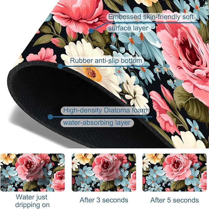 Colorful Flowers Sink Splash Guard Vintage Floral Faucet Absorbing Mat Fast Drying Mat Sink Gadgets Splash Guard Behind Faucet Drip Catcher for Kitchen Bathroom, 15.5"x5.5"