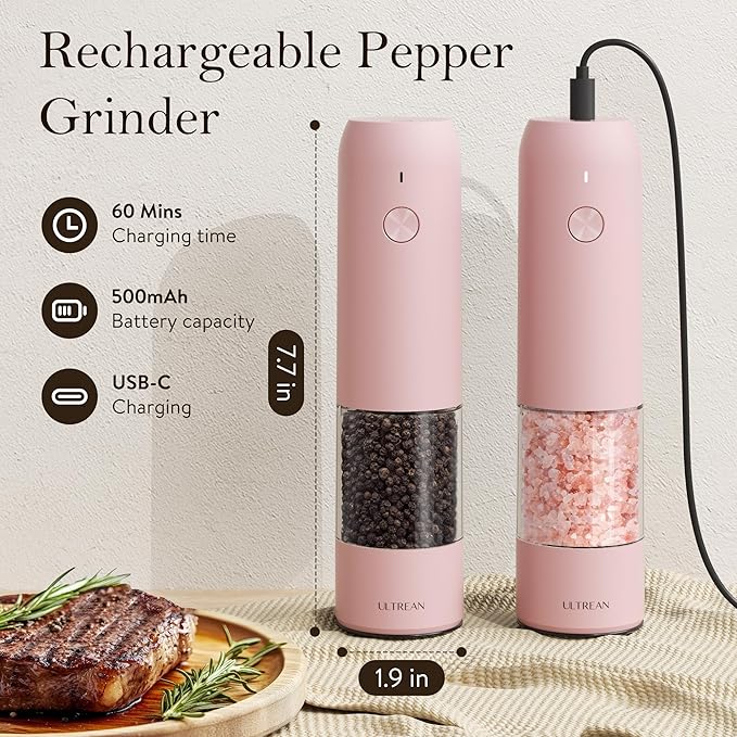 Ultrean Pepper Grinder, Rechargeable Salt and Pepper Grinder with 6 Adjustable Coarseness, LED Light, Automatic Grinder for Kitchen, Cooking Gifts for Women Valentines Day Gifts for Her, Pink