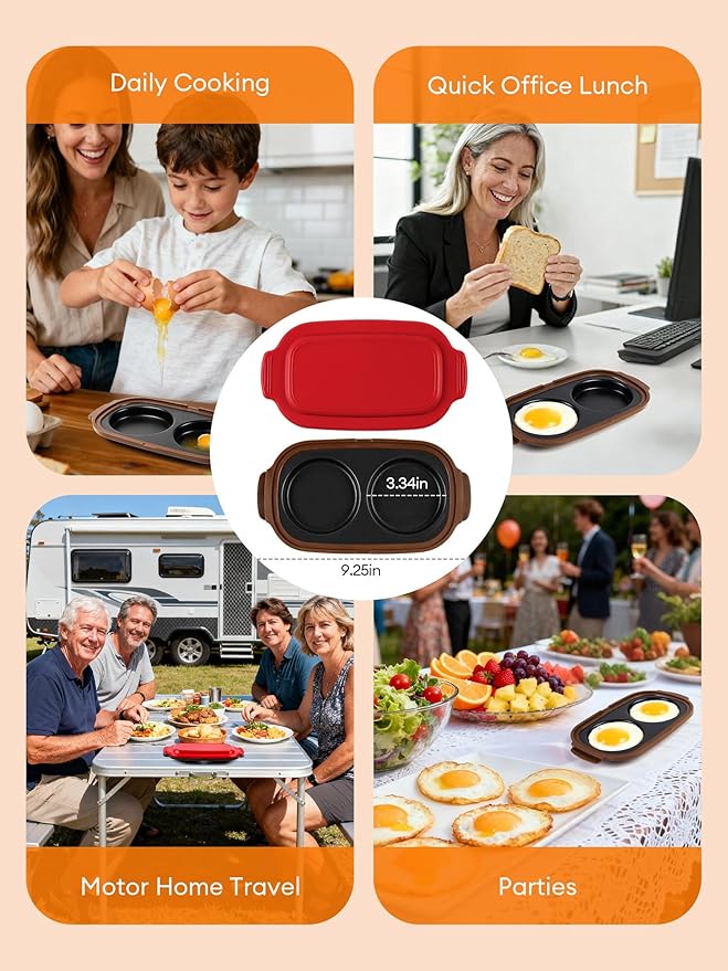 Microwave Egg Cooker, 2 Cavity Microwave Egg Fryer for Breakfast Sandwiches, Fast & Safe Cooking,Portable for Home, Easy to Clean，red