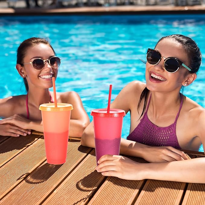Color Changing Cups, 24 Pack 24oz Plastic Tumblers, Reusable Iced Coffee & Smoothie Cups with Lids and Straws for Parties and Travel (Glitter Powder,24)