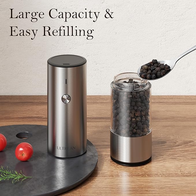 Ultrean Salt and Pepper Grinder Set, Rechargeable Salt and Pepper Shakers, 6 Adjustable Coarseness, LED Light, Kitchen Gadget Cooking Gifts Valentines Day Gifts for Him Her Mom Dad, Stainless Steel