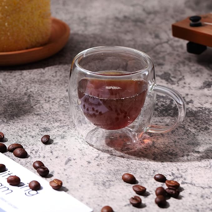 Gerrii Espresso Cups Double Walled Espresso Shot Glass with Handle Cups Insulated Clear Small Shot Glasses for Cappuccino Latte Hot Beverage(2.5 oz,Round Bottom,15 Pcs)
