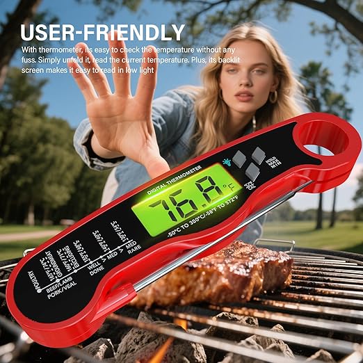 AWLKIM Meat Thermometer Digital - Instant Read Waterproof Food Thermometer with Backlight for Cooking, Grill, Candy, Kitchen & Stocking Stuffers for Men - Red