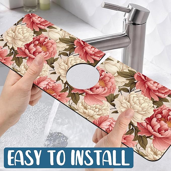 Beautiful Peony Sink Splash Guard Bright Peonies Faucet Absorbing Mat Fast Drying Mat Sink Gadgets Splash Guard Behind Faucet Drip Catcher for Kitchen Bathroom, 15.5"x5.5"