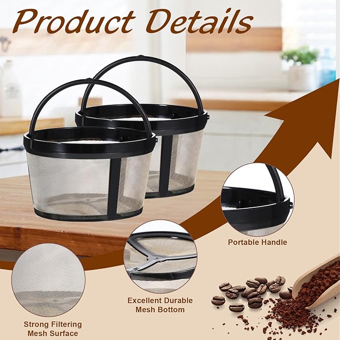 2Pcs Reusable Coffee Filters, 4-5 Cup Nylon Mesh Coffee Filter Basket with Handle Reusable Coffee Pot Filters Compatible with Makers and Brewers