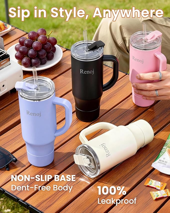 Renoj Insulated Mug 100% Leak Proof Insulated Water Bottle for Iced Coffee & Hot Drinks - Fits Car Cup Holder, Ideal Gift, 2 Straws & Silicone Boot - SnapShift White 40 oz