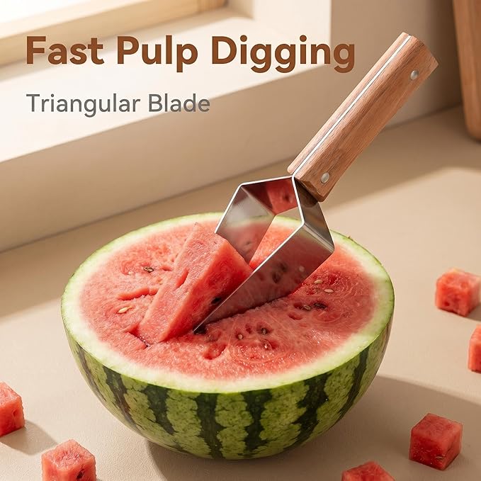 Triangle Watermelon Cutter, Wooden Handle & Stainless Steel Melon Slicer, Fruit Cutter Slicer for Home Kitchen Camping Picnic (3 Pcs)