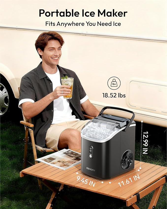 EUHOMY Nugget Ice Maker Countertop with Handle, Ready in 6 Mins, 35lbs Per Day, Removable Top Cover, Auto-Cleaning, Portable Sonic Ice Maker with Basket and Scoop, for Home/Party/RV/Camping