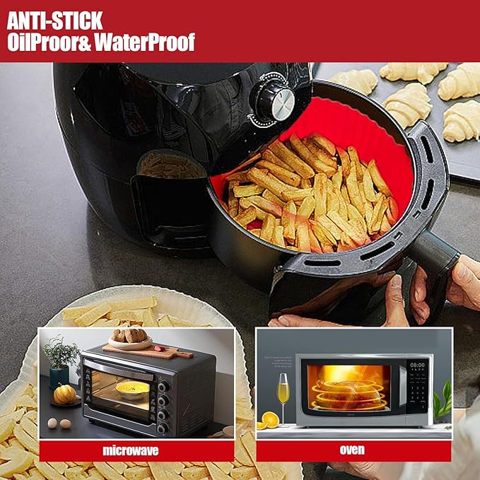2 Pack Air Fryer Liners,8.5 Inch Silicone Airfryer Liners,Air Fryer Accessories,Reusable Baking Tray Oven Accessories,Replacement of Flammable Parchment Paper (Red Blue) (RED&BLUE&Green)