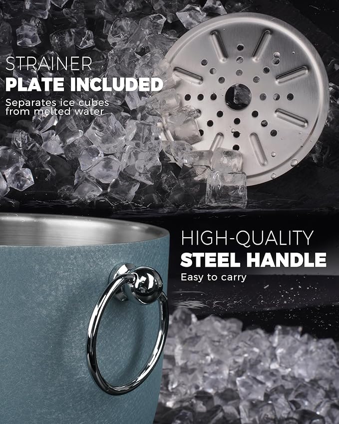 POLIVIAR Ice Bucket, 2.5L Double Wall Ice Bucket with Lid, Stainless Steel Ice Bucket with Tong & Strainer, Ice Bucket for Cocktail Bar, Home & Parties, JX2023-IBLU