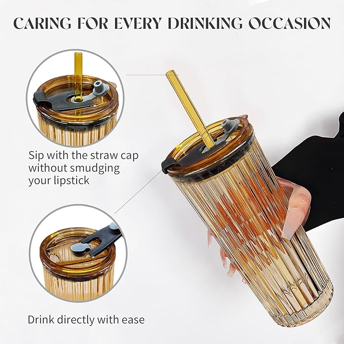 Puraville 2 Pack 18oz Glass Cups with Lids and Straws, Vintage Ribbed Striped Thickened Glassware for Whiskey Cocktail Beer, Mason Jar Drinking Glasses Tumbler Iced Coffee Cup, Amber