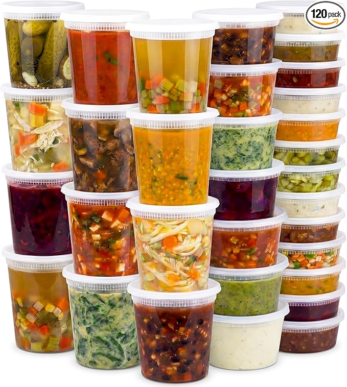 JoyServe 120 Sets Deli Containers with Lids – 8oz, 16oz & 32oz – Leak Proof, Microwaveable, Dishwasher & Freezer Safe – Plastic Food Storage & Soup Containers