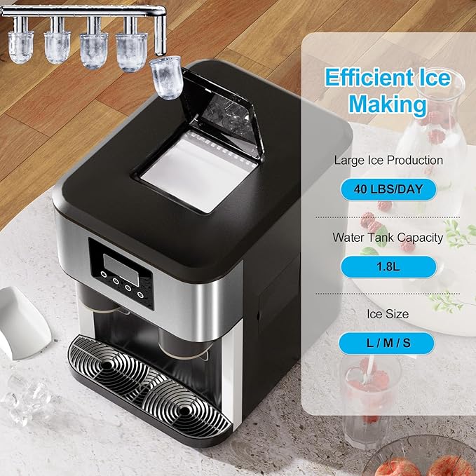 3-in-1 Bottleless Water Cooler Dispenser with Ice Maker & Ice Crusher, 40lbs/24H Ice Output, 1.8L Water Tank, 3 Size Bullet Ice Cubes for Home Office RV Party