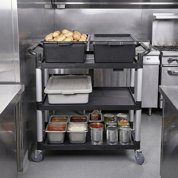 Restaurantware RW Clean 40.2 x 19.7 x 37.8 Inch Utility Cart 1 Rolling Cleaning Cart - Large 4 Shelves Black Plastic Rolling Cart Heavy-Duty For Organization Or Storage