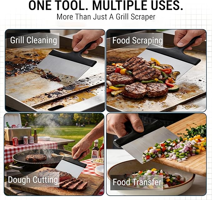 Grill Scraper, Stainless Steel Food Scraper with Handle – Heavy Duty Grill Scraper for Outdoor Grill, Flat Top Grill Cleaner, BBQ Tools & Accessories for Easy Grease and Stain Removal (Style 02)
