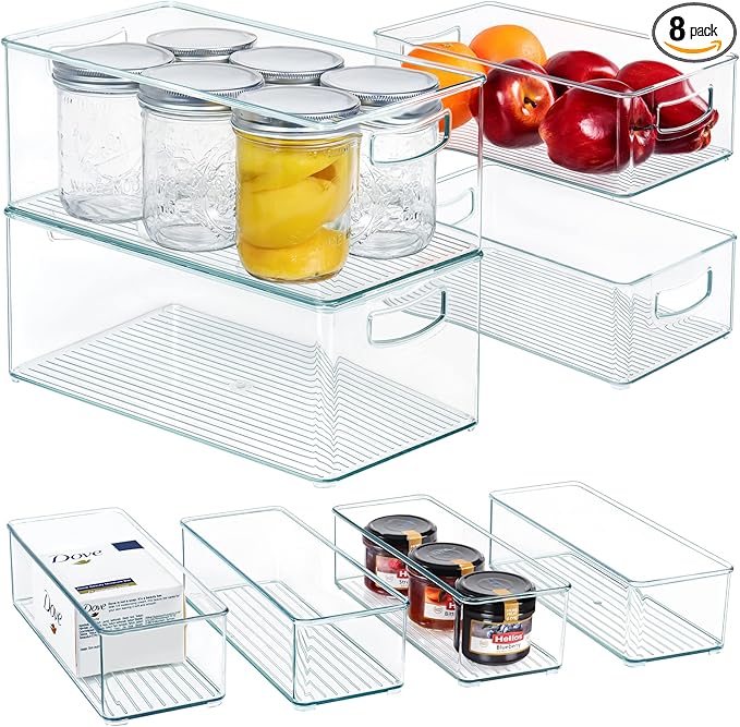 Hudgan 8 PACK Freezer Organizer Bins Stackable Pantry Organizers and Storage Clear Plastic Acrylic Storage Container for Kitchen Pantry Refrigerator