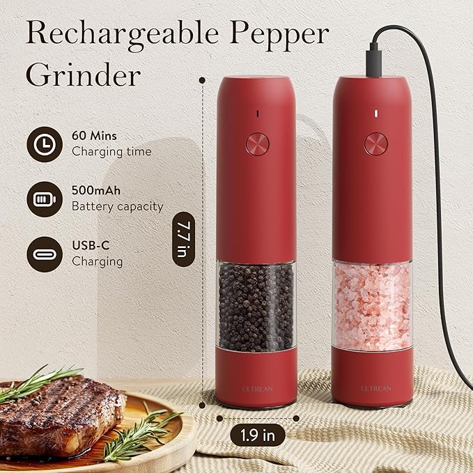 Ultrean Pepper Grinder, Rechargeable Salt and Pepper Grinder with 6 Adjustable Coarseness, LED Light, Automatic Salt and Pepper Shakers, Cooking Gifts Valentines Day Gifts for Women, Crimson Red