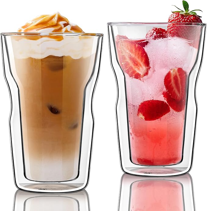 Joeyan Double Wall Glass Tumbler, 16.9oz Lager Insulated Dinking Highball Glasses, Clear Borosilicate Tall Glass Coffee Cups for Iced Coffee, Latte, Cocktails, Tea, Smoothie, Mixed Drinks, Set of 2