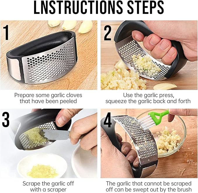 Garlic Press Rocker, Stainless Steel Garlic Mincer Crusher Professional Kitchen Gadgets Garlic Chopper with Ergonomic Handle, Silicone Garlic Peeler