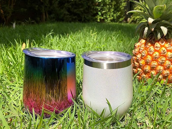 CHILLOUT LIFE 12 oz Stainless Steel Wine Tumblers 4 Pack - Double Wall Vacuum Insulated Wine Glasses Cups with Lids and Straws Set Keeping Cold & Hot for Coffee, Beer, Ice Cream - Holographic Glitter