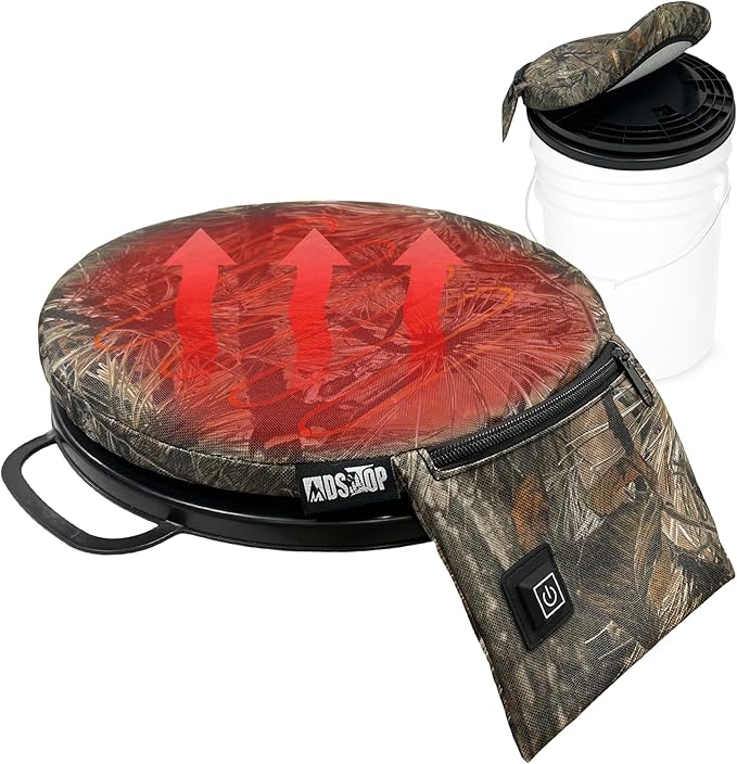 MDSTOP Heated 5 Gallon Bucket Seat, 360-Degree Swivel Bucket Seat Lid, Waterproof Top Seat Foam Cushion for Dove Duck Hunting, Ice Fishing, Baseball, Gardening, Camping（No Power Bank）