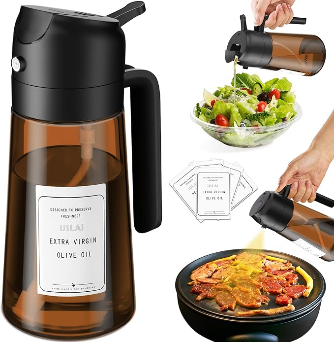 USLAI Oil Sprayer for Cooking, 16oz/470ml 2 in 1 Glass Olive Oil Dispenser Bottle for Kitchen, Air Fryer, BBQ and Salad - Brown