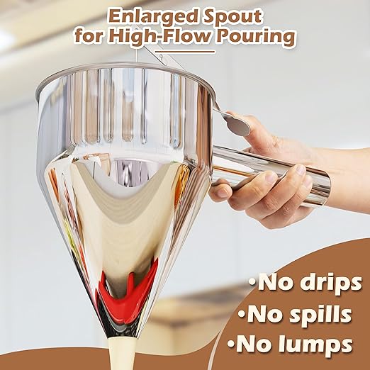 Pancake Batter Dispenser, Pancake Dispenser with 0.8 in Large Spout, Easy-Pour Cake Batter Funnel for Thick Mix with Fruits or Chocolate Chips, Stainless Steel Funnel for Home and Kitchen