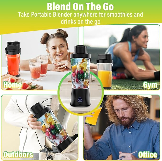 Portable Blender, 360 Watt Personal Blender for Shakes and Smoothies, 6000mAh USB Rechargeable, BPA Free 24 Oz Juicer Cup with 6 Blades and Lid, Self Cleaning Portable Juicer for Kitchen, Deep Black
