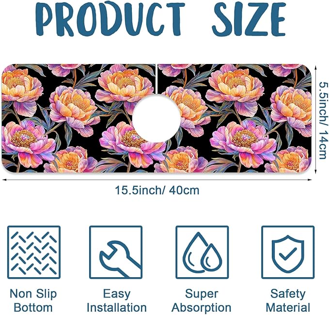 Colorful Peonies Sink Splash Guard Blooming Peonies Faucet Absorbing Mat Fast Drying Mat Sink Gadgets Splash Guard Behind Faucet Drip Catcher for Kitchen Bathroom, 15.5"x5.5"